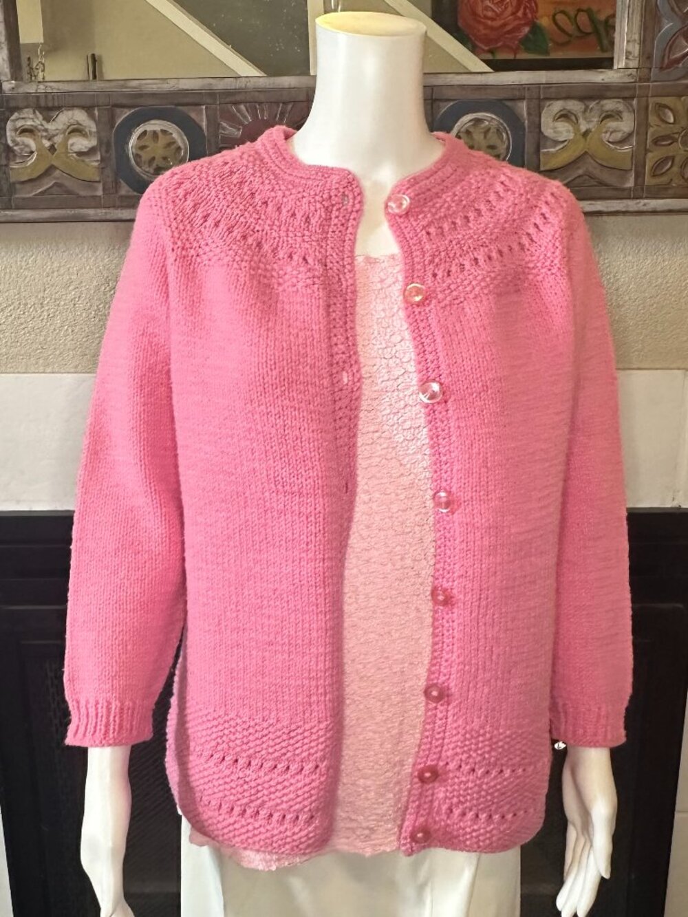 Hand Knitted LG Carnation Pink Chunky Knit Heavy Button Up Cardigan Jacket